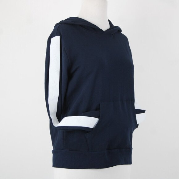 Monrow Sz S Navy White Stripe Embossed Stars Sleeve Cotton Blend Hooded Sweater - Picture 9 of 16